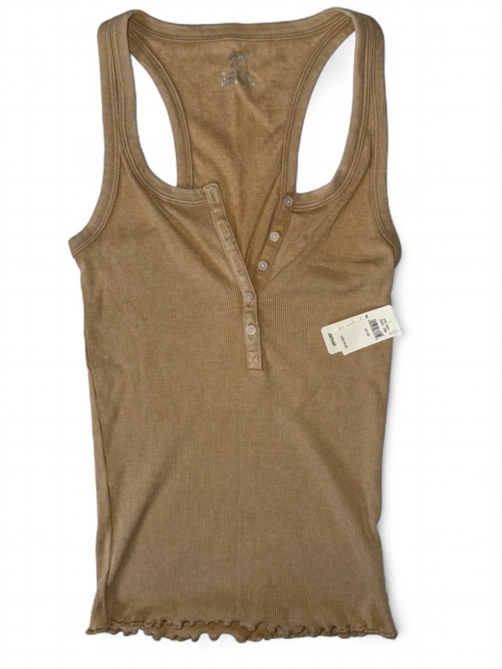 NWT Aerie XS Ribbed Henley Tank Top Tan Fitted Stretch Basic Neutral Minimalist